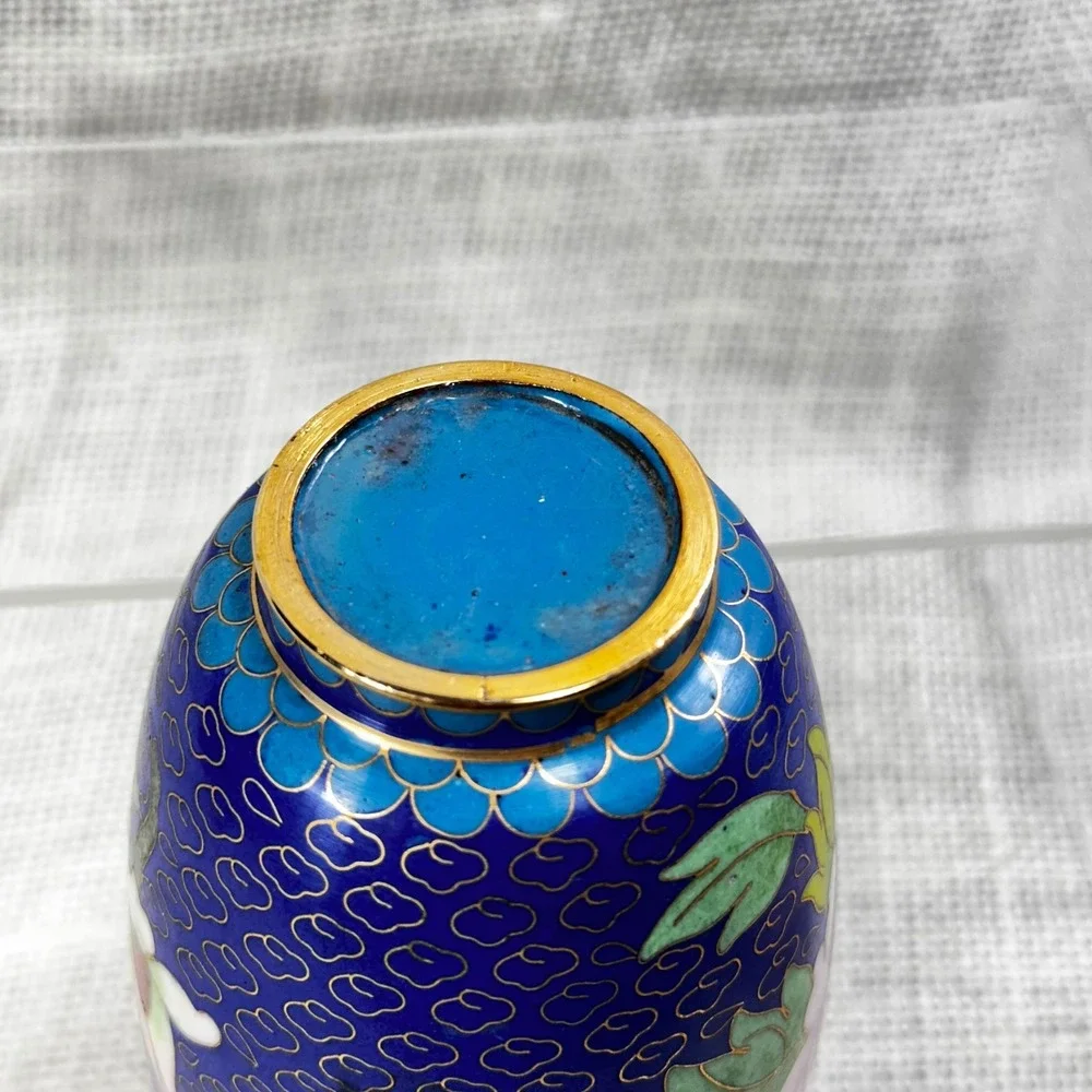 Vintage Cloisonne Enamel Floral Vase Cobalt Blue Peony 5 Inch Chinese Decorative